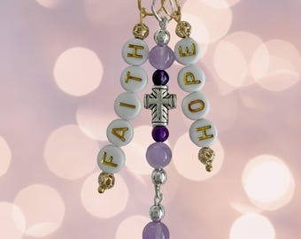 Beaded Bag Charm Lavender Amethyst Faith Hope Love Silver Cross Charm Hematite Gemstone Zipper Pull Christian Keychain Purse Accessory