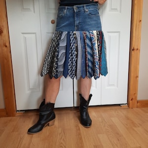 Recycled Denim and Necktie Skirt, Size 10