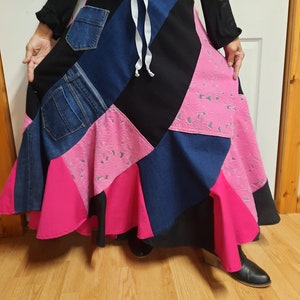 Pink, Black and Blue Recycled Denim Long Skirt with Pockets, Adjustable waist fits up to 2X