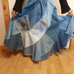 Recycled Denim Long Jean Skirt with Pockets, Adjustable waist fits up to 2X