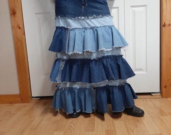 Long Denim Skirt with Ruffles; Fits M