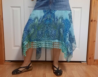Denim and Lace Scarf Hem Paisley Short Skirt with Pockets, size 10