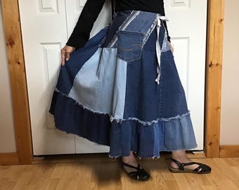 Patchwork Denim Midi Skirt, Upcycled Recycled Jeans, Pockets, Large XL
