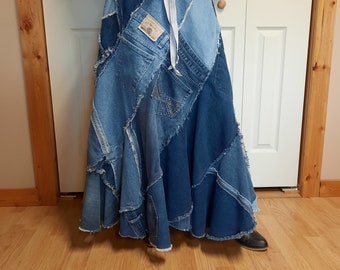 Upcycled Jean Skirt, Recycled Denim Long Skirt, adjustable waist fits up to 2XL