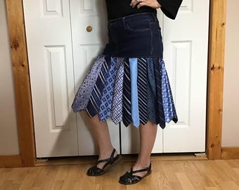 Upcycled Necktie Denim Skirt, Knee-Length, Blue recycled ties, Size 8 Medium