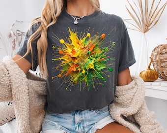 Vibrant Abstract Paint Splatter Unisex Tee Modern Graphic Art Shirt Creative Streetwear Top Colorful Ink Explosion Apparel Gift