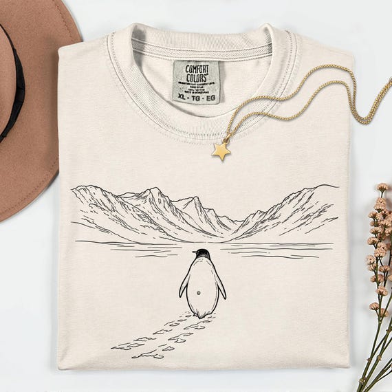 Minimalist Penguin Mountain Shirt, Comfort Colors® Aesthetic Adventure Tee, Quiet Courage Graphic T-Shirt, Lonely Penguin Art, Nature