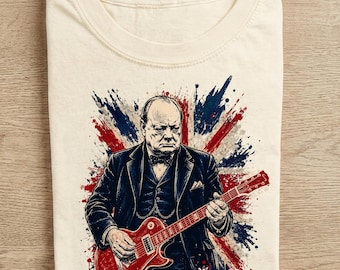 Winston Churchill Playing Electric Guitar Unisex T-Shirt, Vintage Rocker Humor Tee, Funny Historical Graphic Tee, Comfort Colors Gift