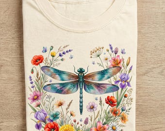 Dragonfly Shirt, Vintage Floral Cottagecore Tee, Botanical Insect Nature Shirt, Summer Wildflower Garden Boho Aesthetic Women Shirt