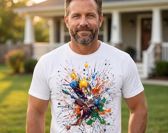 Modern Abstract Paint Explosion T-Shirt Vivid Color Splatter Graphic Tee Artistic Streetwear Apparel Unique Gift For Creative Individuals