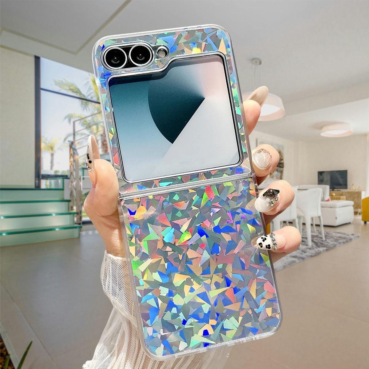 Holographic Aurora Z Flip Case: Shockproof, Feather Texture