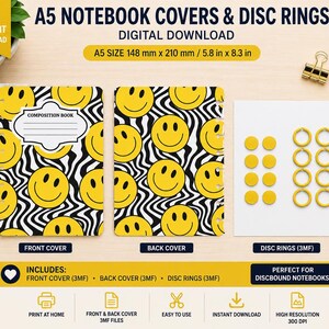 May include: A digital download set for A5 size 148 mm x 210 mm or 5.8 in x 8.3 in discbound notebooks, featuring a front and back cover with a yellow smiley face and black wavy line pattern, plus yellow disc rings and a composition book label.