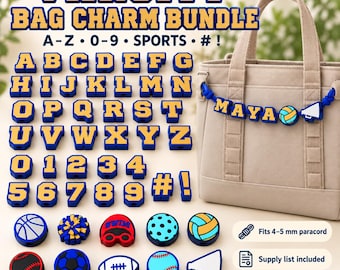 May include: A varsity bag charm bundle featuring letters A-Z, numbers 0-9, and sports-themed icons in blue and yellow. The set includes digital files for charms that fit 4-5 mm paracord, shown attached to a beige tote bag spelling the name MAYA.