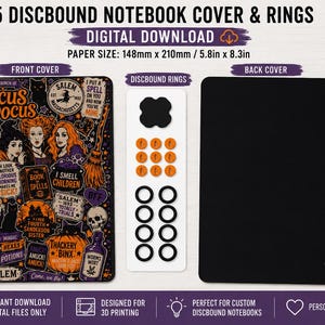 May include: A5 discbound notebook cover and rings digital download set. The front cover features a Hocus Pocus theme with colorful illustrations of witches, pumpkins, and potions. Includes a solid black back cover and a set of orange and black rings.