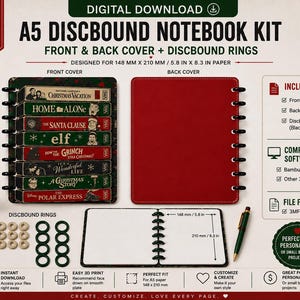 May include: A digital download A5 discbound notebook kit featuring a front cover with vintage Christmas movie VHS tape designs, a solid red back cover, black discbound rings, and an open notebook showing 148 mm by 210 mm dimensions.