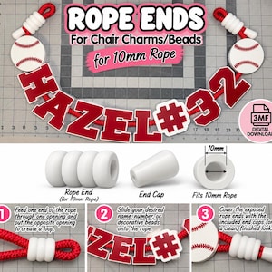 May include: A set of 3D printed rope ends and beads for 10mm rope, featuring baseball-themed designs and custom lettering reading HAZEL #32. The set includes white end caps and beads, with instructions for assembly on a 10mm rope for chair charms.