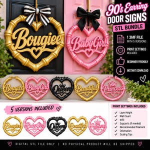 Puede incluir: Un paquete digital de letreros para puerta con forma de corazón estilo años 90 en oro, rosa y negro. Los diseños incluyen textos como Bougiee, BabyGirl, Queen, Beautiful y Princess, con marcos de textura de bambú y lazos decorativos.