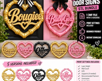 May include: A digital bundle of 90s-style heart-shaped earring door signs in gold, pink, and black. The designs feature text including Bougiee, BabyGirl, Queen, Beautiful, and Princess, with bamboo-textured frames and decorative bows.