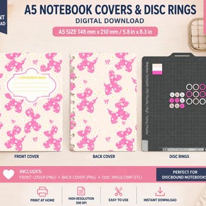 May include: A5 notebook covers and disc rings digital download featuring a light pink background with a repeating pattern of pink balloon dogs and small white flowers. The front cover includes a label area with the text COMPOSITION BOOK.