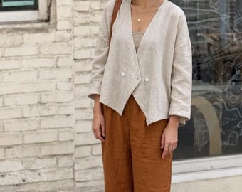 French Linen Cardigan for Women, Natural Linen Long Sleeve Jacket, Asymmetrical Lightweight Summer Top