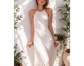 Vestido largo vintage de lino con hombros descubiertos y lazo en la espalda personalizable