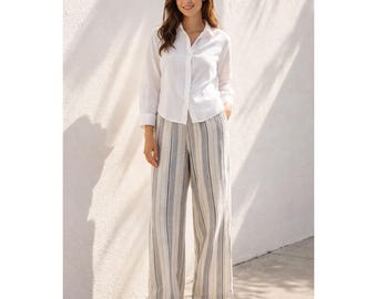 Pantalones de lino a rayas / Corte holgado, cintura elástica / Talla personalizada disponible