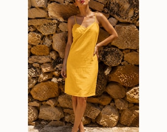 Vestido largo de lino con tirantes finos / Vestido largo minimalista de verano / Vestido de lino hecho a medida para mujer
