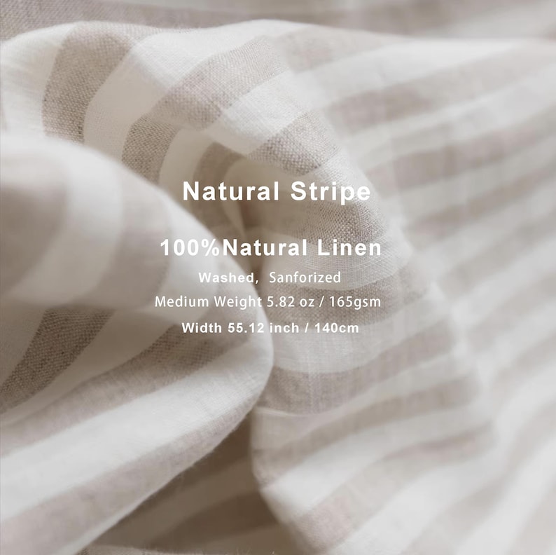 May include: Close-up of natural linen fabric with a striped pattern in white and beige. The text "Natural Stripe" and "100% Natural Linen" are visible. The fabric is 55.12 inches wide.