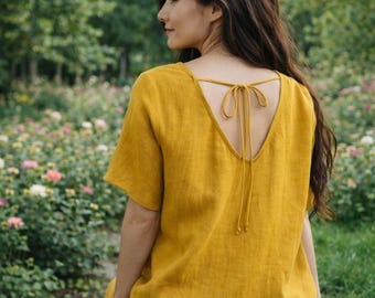 Vintage Linen Skirt with Open Back Tie Detail Loose Fit Customizable