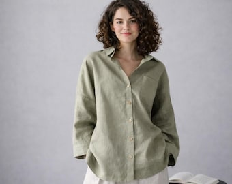 Camisa de lino con botones para mujer, blusa holgada de lino, top de lino natural, camisa minimalista de lino, camisa holgada de verano, ropa de lino hecha a mano