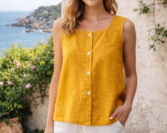 Camiseta sin mangas de lino color mostaza para mujer, blusa de lino holgada sin mangas, camisa de verano transpirable, ropa casual minimalista, hecha a medida.