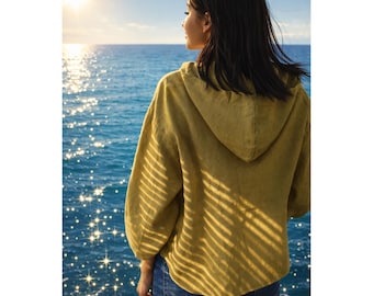 Camisa de lino natural con capucha para mujer, blusa informal de lino con puños elásticos de manga larga para playa, ropa minimalista de lino