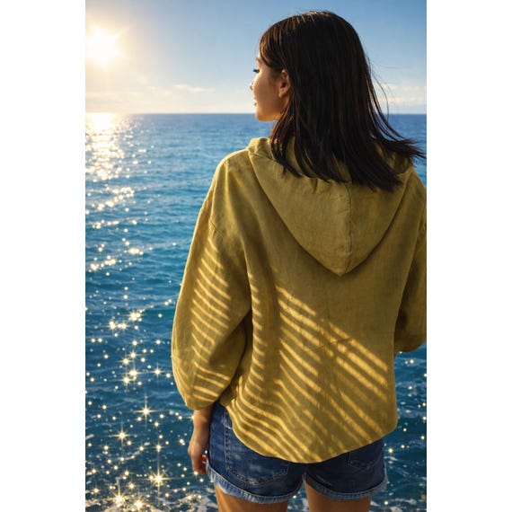 Natural Linen Hooded Shirt Women Long Sleeve Elastic Cuff Linen Top Casual Beach Hoodie Blouse Minimal Linen Clothing