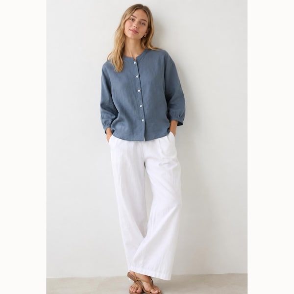 Blue French Linen Blouse Women | 165gsm Breathable Linen Top | 3/4 Sleeve Loose Linen Shirt | Minimalist Casual Summer Clothing