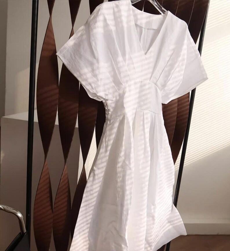 White Pleated Linen Dress Women / Slim Fit Summer Dress / Side Zipper Minimal Dress / Elegant Casual White Dress / Custom Size Dress image 8
