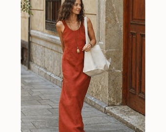 Vestido largo de lino sin espalda para mujer, vestido de lino natural, vestido de verano holgado, ropa minimalista, hecho a medida.