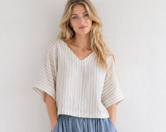 Top de lino a rayas para mujer, blusa de lino con cuello en V, lino francés de 165 g/m², top de verano transpirable, ropa minimalista de corte holgado.