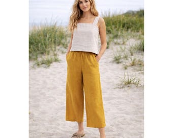 Pantalones de lino amarillo mostaza para mujer / Pantalones de lino con cintura elástica / Pantalones de lino de verano / Hechos a medida