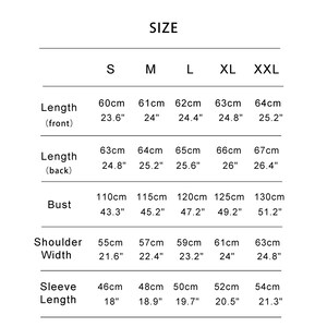 May include: Size chart with measurements in centimeters and inches. Includes length (front and back), bust, shoulder width, and sleeve length for sizes S, M, L, XL, and XXL. Measurements are provided in both cm and inches.