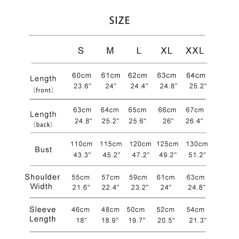 May include: Size chart with measurements in centimeters and inches. Includes length (front and back), bust, shoulder width, and sleeve length for sizes S, M, L, XL, and XXL. Measurements are provided in both cm and inches.