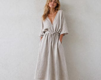 French Linen Midi Dress | Adjustable Waist Tie Dress | 165gsm Natural Linen Dress | Relaxed Fit Summer Dress | Custom Made Linen Clothing