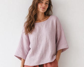 Blusa rosa de lino para mujer, 100% lino francés, 165 g/m², corte holgado, transpirable, ideal para el verano. No transparente. Ropa minimalista de lino.