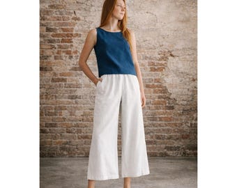 Pantalones de lino natural hechos a mano / Cintura elástica, ajuste personalizado