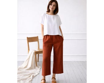 Top de lino blanco hecho a mano / Blusa de lino informal / Camisa de lino minimalista / Top holgado de verano / Camisa de lino hecha a medida