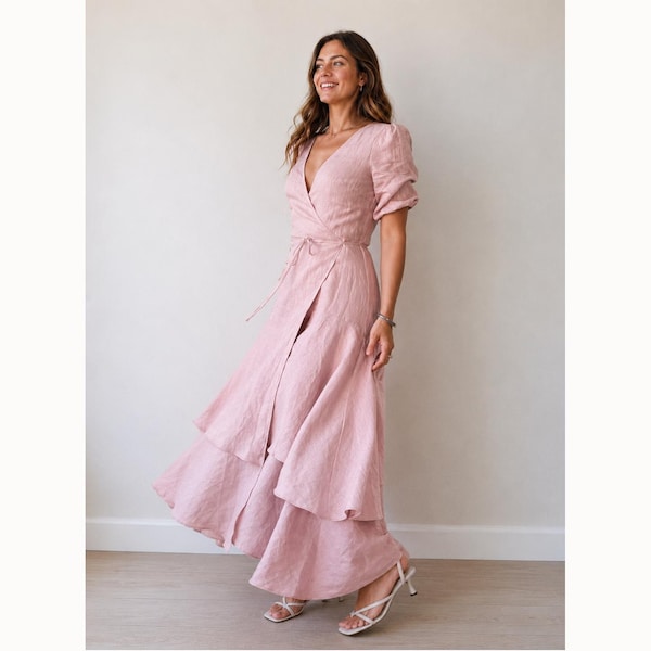 Wrap Maxi Dress, Dusty Pink Linen Dress, Adjustable Tie Waist Dress Double Layer Ruffle Hem, Romantic Linen Wedding Guest Dress, Custom Made