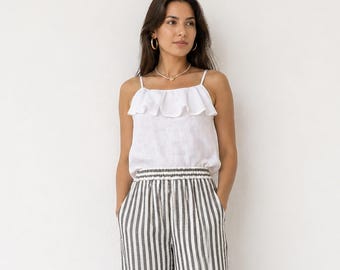 French Linen Camisole Top Women, 165gsm Breathable Non Sheer Linen Tank, Ruffle Strap Summer Top, Loose Fit Linen Blouse Custom