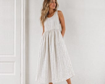 Vestido de lino francés a rayas para mujer, vestido midi de lino transpirable de 165 g/m², vestido de verano holgado con bolsillos, ropa de lino a medida.
