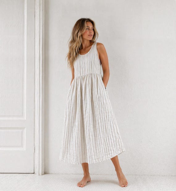 French Linen Striped Dress Women, 165gsm Breathable Non Sheer Linen Midi Dress, Loose Fit Summer Dress with Pockets, Custom Linen Clothing