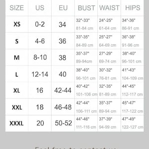 May include: A size chart table with the heading WOMEN'S SIZE CHART. It lists sizes from XS to XXXL with corresponding US and EU sizes, and measurements for bust, waist, and hips in inches and centimeters. Text at the bottom reads: Feel free to contact us for your made-to-measure dress.