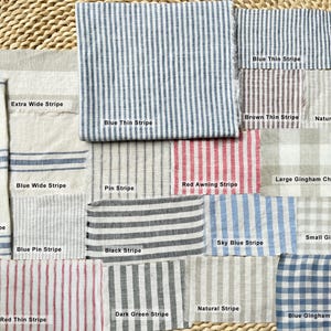 May include: A collection of fabric swatches featuring various patterns including blue thin stripes, extra wide stripes, blue wide stripes, pin stripes, red awning stripes, large gingham checks, black stripes, sky blue stripes, small gingham checks, red thin stripes, dark green stripes, natural stripes, and blue gingham checks.